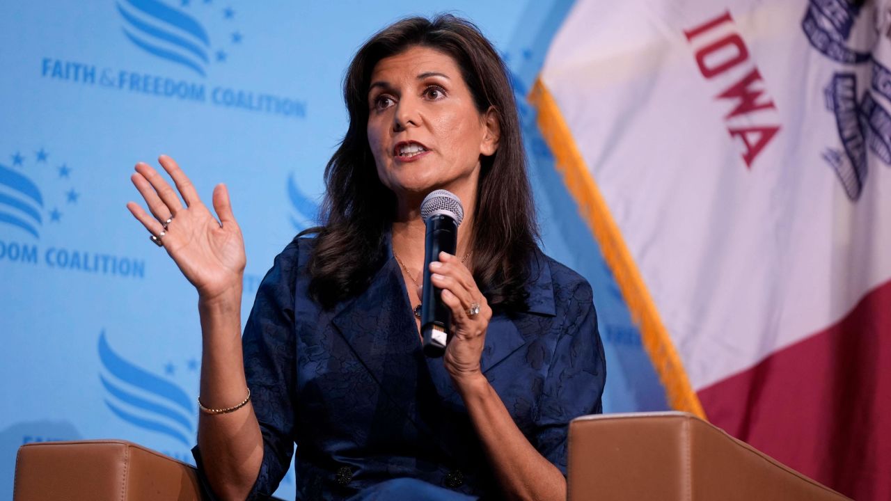 Republican presidential candidate and former UN Ambassador Nikki Haley speaks at the Iowa Faith and Freedom Coalition's fall banquet on September 16, 2023.